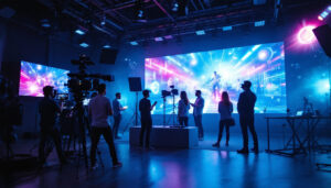A photograph of capture a photograph of a vibrant virtual production set featuring a large led wall displaying dynamic visuals