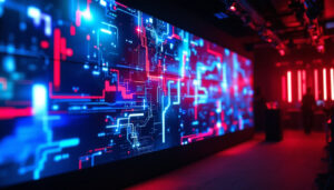 A photograph of a vibrant video wall system in a dynamic setting