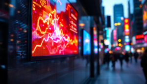 A photograph of a vibrant led digital panel displaying dynamic graphics or information in a bustling urban environment