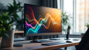 A photograph of a sleek thin bezel pc monitor displaying vibrant led graphics in a modern workspace setting