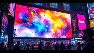A photograph of capture a photograph of a vibrant led display in a bustling urban environment