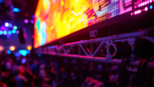 A photograph of a close-up shot of a truss base plate in use at an event