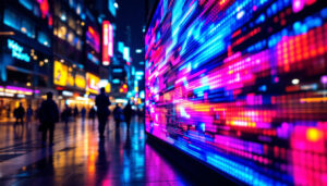 A photograph of a vibrant led display panel in a dynamic urban setting