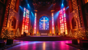 A photograph of a beautifully designed church stage set for christmas