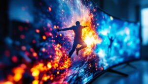 A photograph of a close-up shot of a vibrant led tv display showcasing a high-action scene