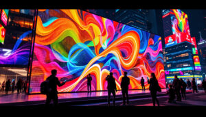 A photograph of a vibrant led display in an urban setting