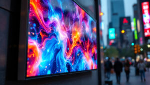 A photograph of a vibrant led display showcasing high-resolution 8k wallpaper in an urban setting