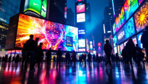 A photograph of a vibrant led display in a dynamic urban setting