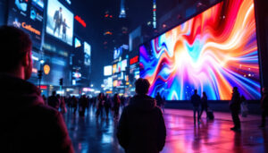 A photograph of a vibrant led display in a dynamic urban setting