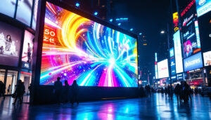 A photograph of a vibrant led display in a bustling urban setting