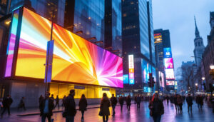 A photograph of a vibrant 3d led billboard in an urban setting