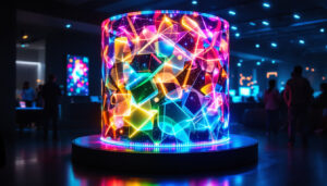 A photograph of a vibrant led cylinder display in a dimly lit environment