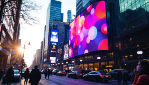 A photograph of a vibrant led screen display in an urban setting