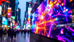 A photograph of a vibrant led display in a bustling urban environment