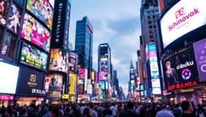 A photograph of capture a photograph of the vibrant led displays in shibuya