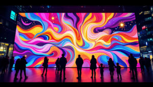 A photograph of a vibrant led display in an urban setting