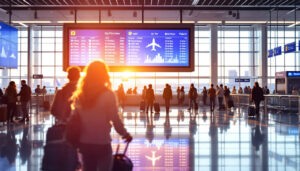 A photograph of a bustling airport terminal showcasing a vibrant led display board with flight information