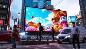 A photograph of capture a photograph of a vibrant 3d led billboard in a bustling urban setting in china