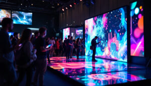 A photograph of a vibrant floor led screen in use at an event