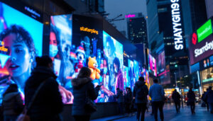 A photograph of a vibrant outdoor led display in a bustling business district