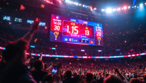 A photograph of a vibrant led scoreboard in action during a live sporting event
