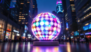 A photograph of a vibrant led display sphere in a dynamic urban setting