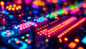A photograph of a close-up shot of a vibrant led control board in action