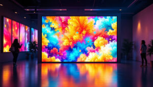 A photograph of a vibrant led panel display in a dynamic setting