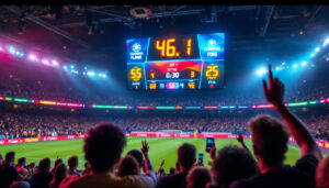 A photograph of a vibrant scoreboard led display in action during a live sporting event