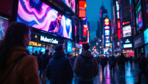 A photograph of a vibrant led display in a bustling urban environment