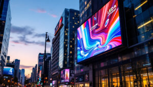 A photograph of capture a photograph of a vibrant led billboard displaying dynamic advertisements in an urban setting