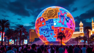 A photograph of the sphere in las vegas at dusk