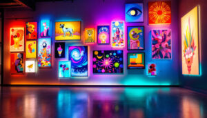 A photograph of a vibrant art display wall featuring a variety of artworks illuminated by dynamic led lighting