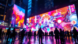 A photograph of a vibrant led display in a dynamic urban setting