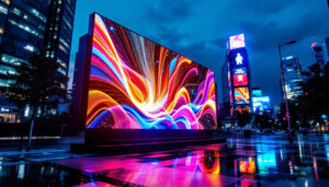 A photograph of a vibrant led display in a dynamic urban setting during twilight