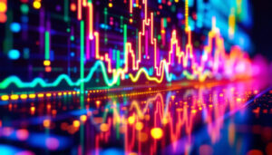 A photograph of a vibrant led display showcasing a dynamic visual representation of sound vibrations