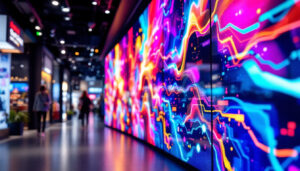 A photograph of a vibrant retail environment showcasing a large