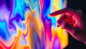A photograph of a close-up view of a person adjusting the brightness settings on a modern led display