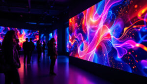 A photograph of a vibrant led display showcasing a stunning digital artwork in an engaging gallery setting