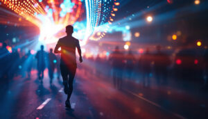 A photograph of capture a photograph of the vibrant led display at the beaverton 5k event