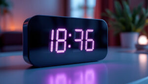 A photograph of capture a photograph of a modern lcd display clock showcasing its vibrant led features