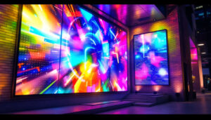 A photograph of a vibrant led display integrated into a modern architectural setting