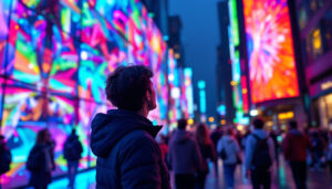 A photograph of a vibrant led display in an urban setting