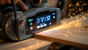 A photograph of a close-up shot of an edge planer in action
