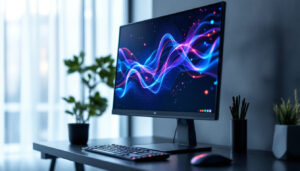 A photograph of a sleek desktop monitor displaying vibrant led graphics