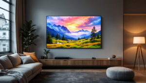 A photograph of a stylish living room or gallery wall featuring a large digital picture frame displaying a vibrant
