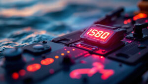 A photograph of a close-up of a planer board equipped with an illuminated led display