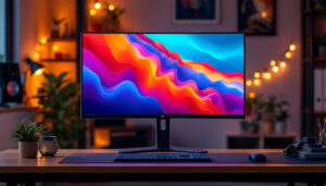 A photograph of a sleek 32-inch monitor stand showcasing an led display in a modern workspace