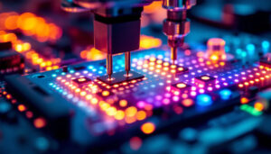 A photograph of capture a photograph of a close-up view of an led display being assembled with optical contact bonding technology