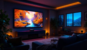 A photograph of a vibrant home theater setup featuring an hdtv video projector in action